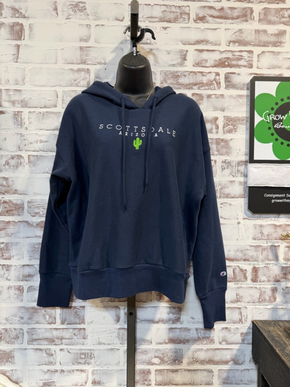 Champion Navy Crewneck Hoodie with Green Cactus Embroidery